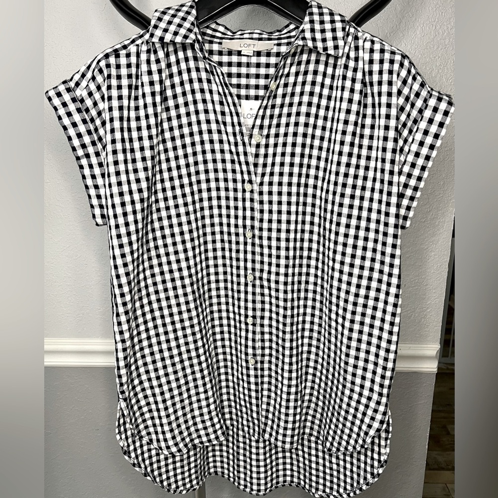 LOFT Gingham Short Sleeve Button Down Blouse Women’s Size XS NWT